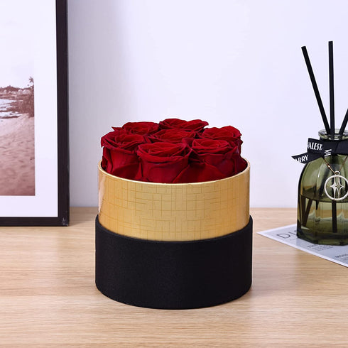 Handmade Preserved Red Roses in a Round Black  Box